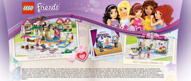 Dans la partie supérieure droite de l&#039;image cinq personnages féminins Lego. A gauche l&#039;inscription Lego Friends. En dessous, en frise, maisons de poupée et accessoires. Au centre, un cœur rose.